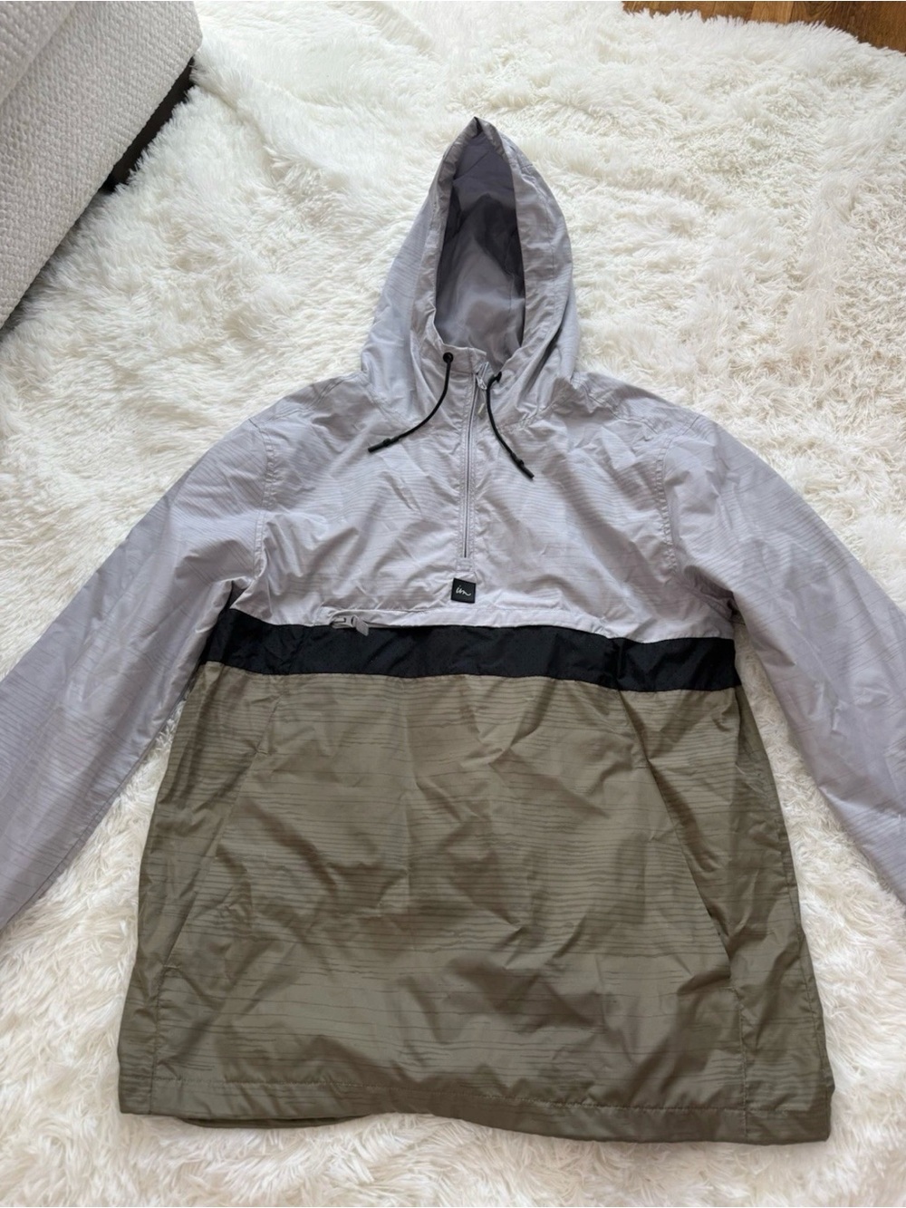 Men's Colorblock Hooded Windbreaker - Light Gray, Black & Olive